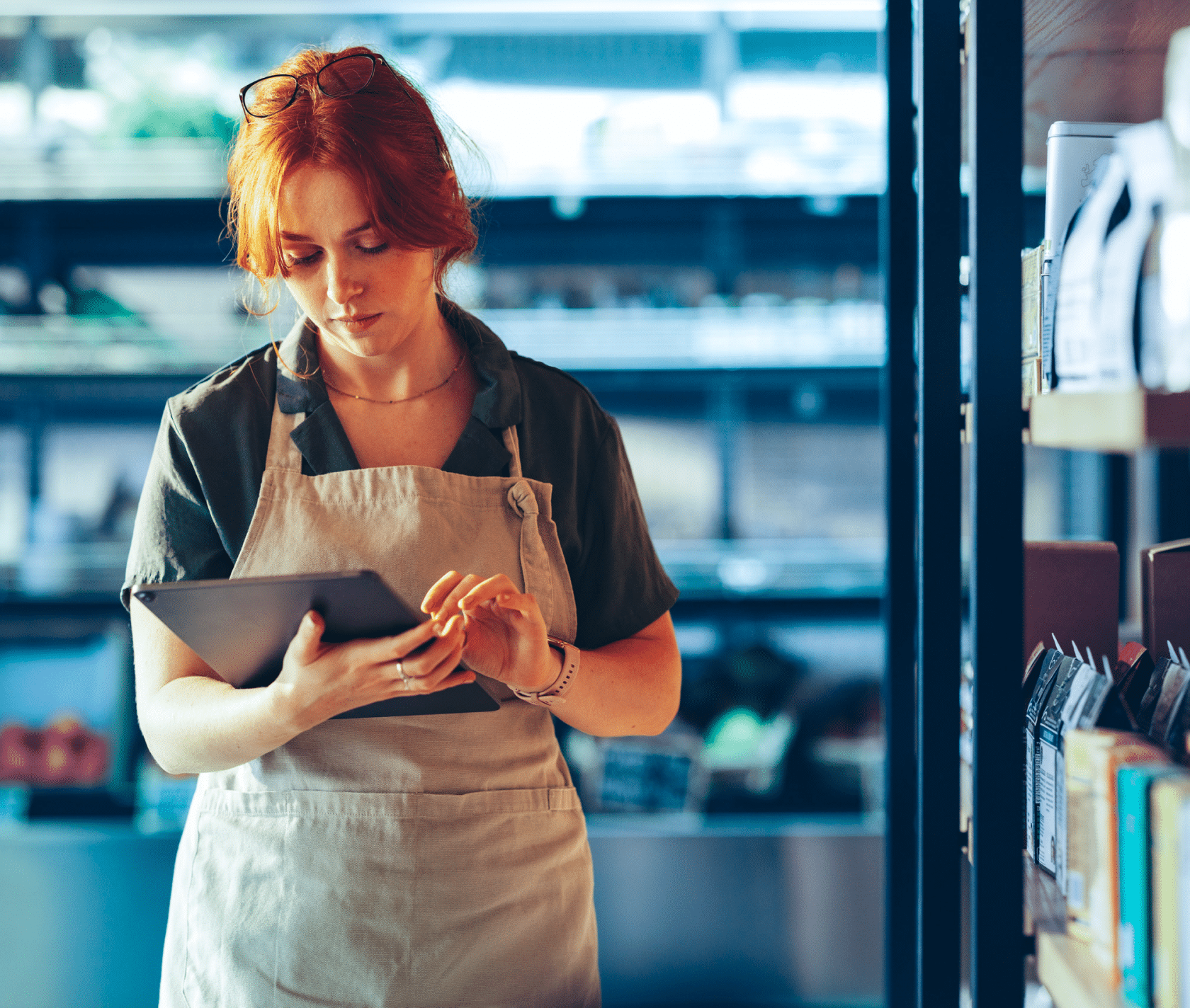 a woman in the retail and service sector is playing on her ipad